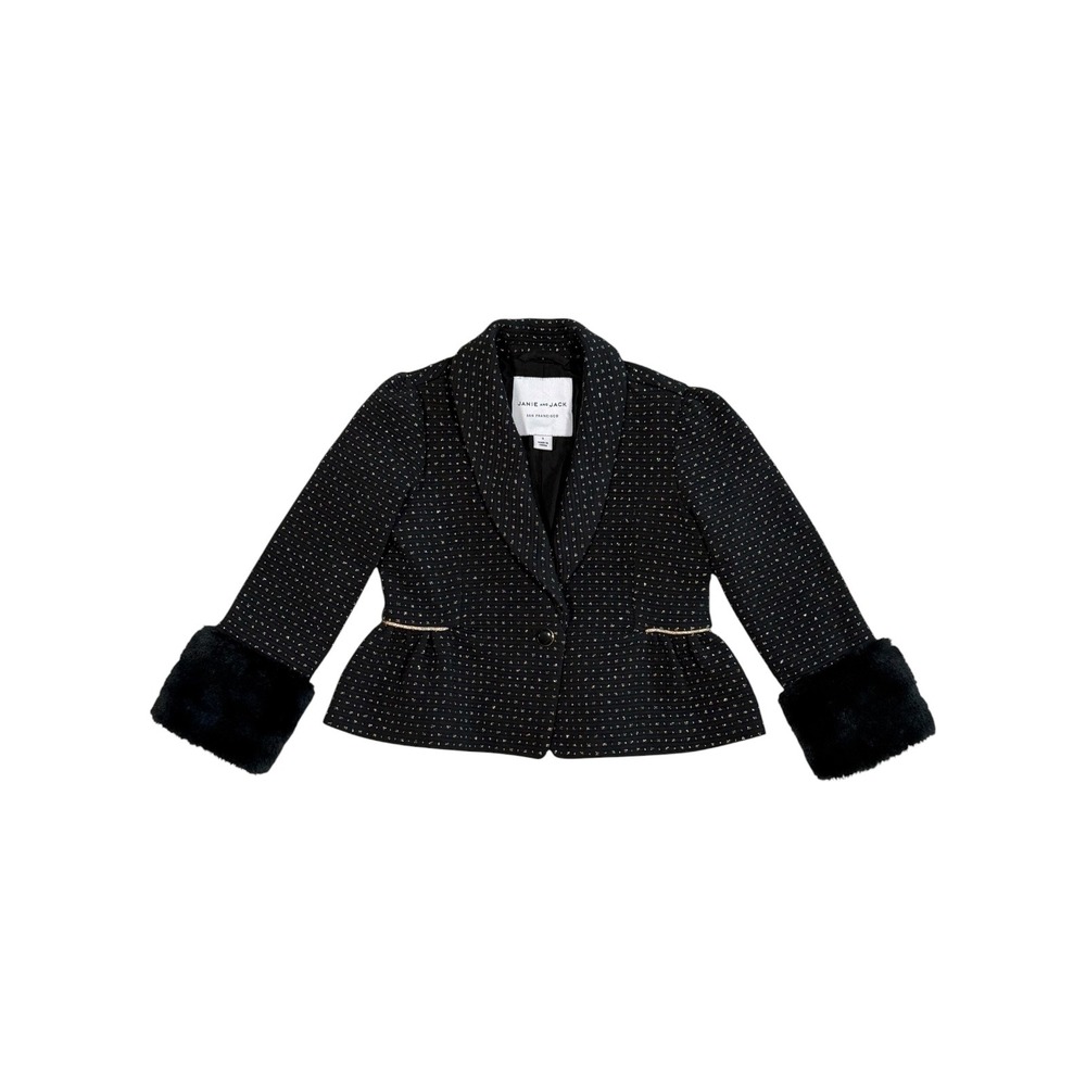 Janie and Jack Girls Black Gold Metallic Dot Peplum Blazer Faux Fur Cuffs Size 3